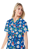 Snowman Print Top V Neck 2 Pocket Half Sleeve