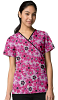 Pink Flowers Print Scrub Set Mock Wrap With Black Piping
