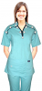 Stretchable Stylish set small white flower m style collar 4 pocket ladies scrub set half sleeve (top 2pkt with bottom 2pkt boot cut) in 35% Cotton 60% Polyester 5% Spandex