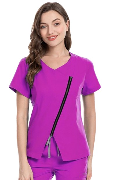 Women’s Scrub Top Diagonal Zipper V Neck Half Sleeves