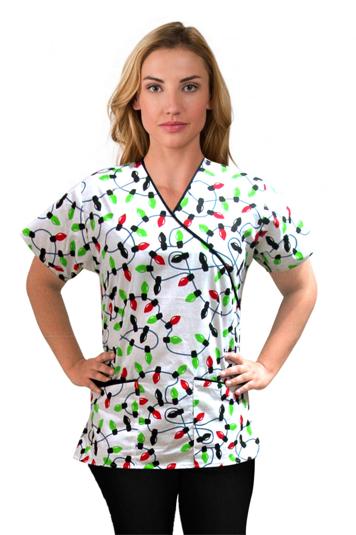 Top mock wrap 3 pocket half sleeve in light print with black piping in POPLIN FABRIC (65% POLYESTER, 35% COTTON)