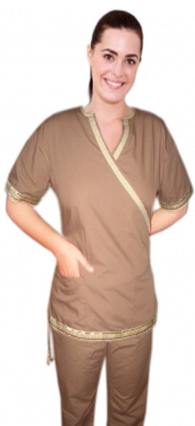 Stylish set golden lace style inset v-neck 4 pocket set half sleeve (top 2pkt with bottom 2pkt bootcut) in 65% Polyester 35% Cotton