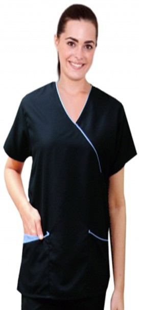 Scrub Top mock wrap 3 pocket half sleeve solid in Memory Fabric Water Proof 100 perc polyester 