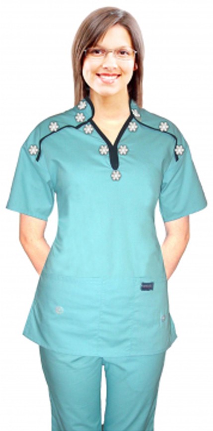 Stylish top small white flower m style collar 2 pocket ladies scrub top half sleeve