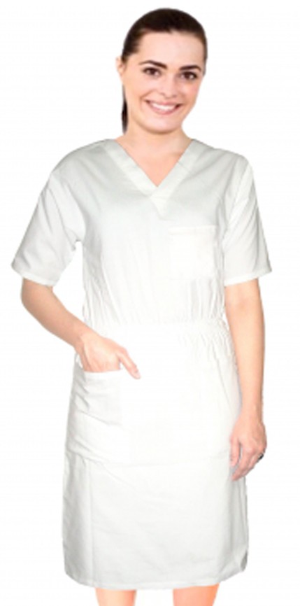 Poplin Fabric Nursing dress half sleeve elastic waist v neck with 3 front pockets below knee length (65% Polyester, 35% Cotton)