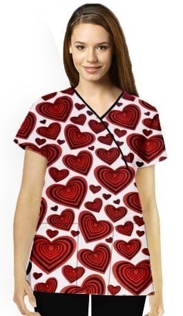 Red hearts Printed Top Mock Wrap With Black Piping 3 Pocket Half Selves
