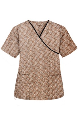 Top mock wrap 3 pocket half sleeve in Small Brown Flower Print with Black Piping (100% Polyester Fabric)