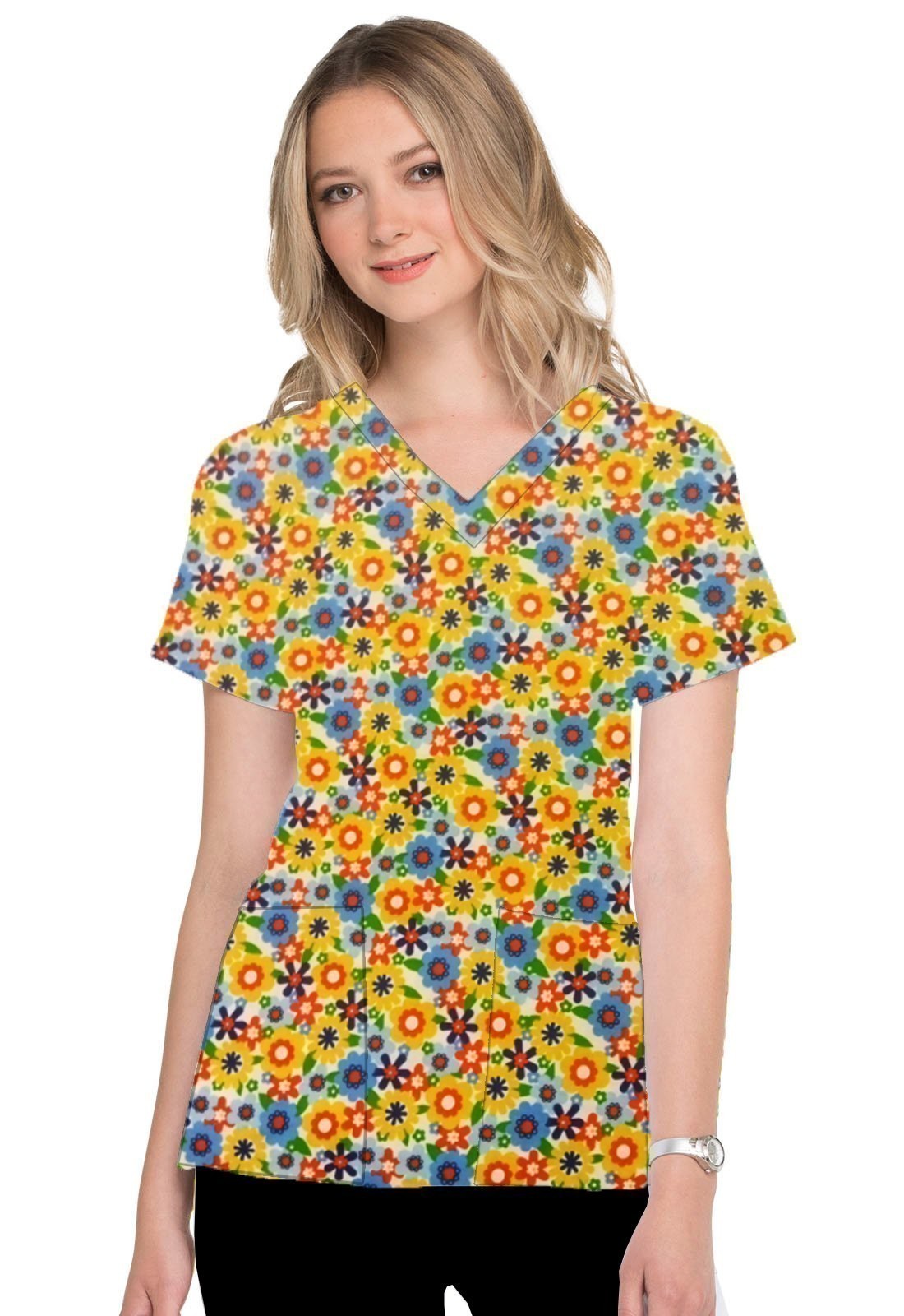 Blooming Flowers Print Scrub Set 4 Pockets Ladies Half Sleeves (2 Pockets Top and 2 Pockets Black Pant)