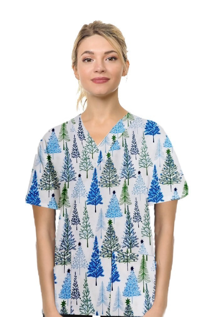 Christmas Tree Printed Top V Neck 2 Pocket Half Sleeves Fabric 35% Cotton 65% Polyester