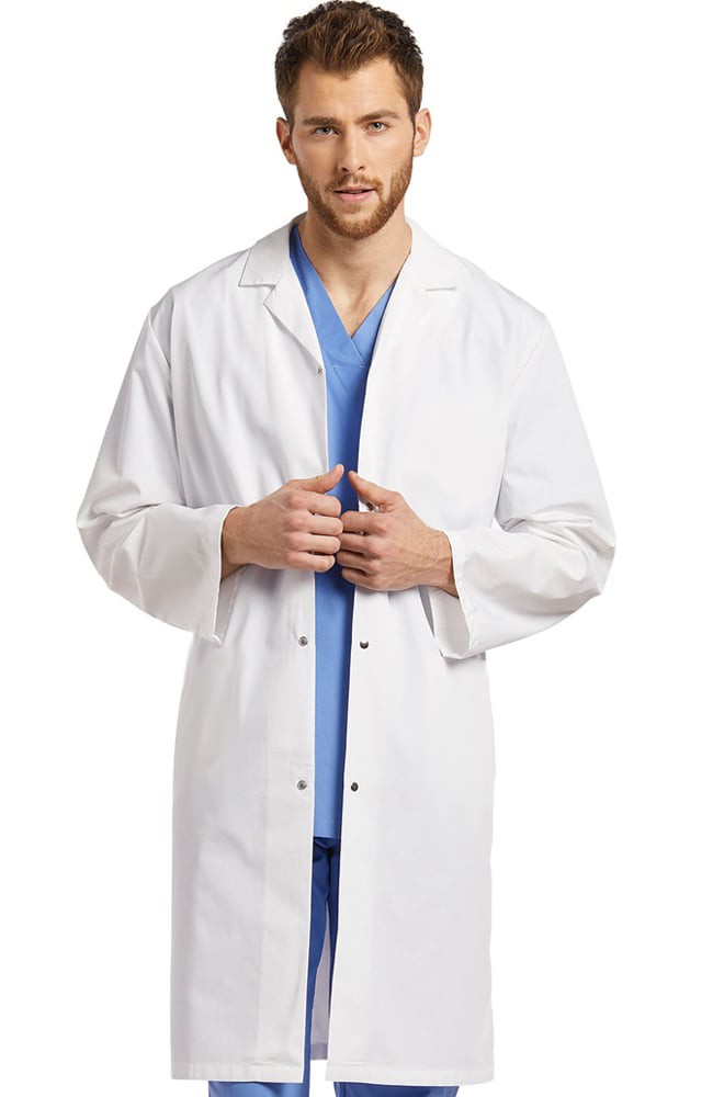 Poplin labcoat unisex full sleeve with snap buttons without pocket solid pleated (35 perc cotton 65 perc polyester)  in 36  38   40 42   lengths