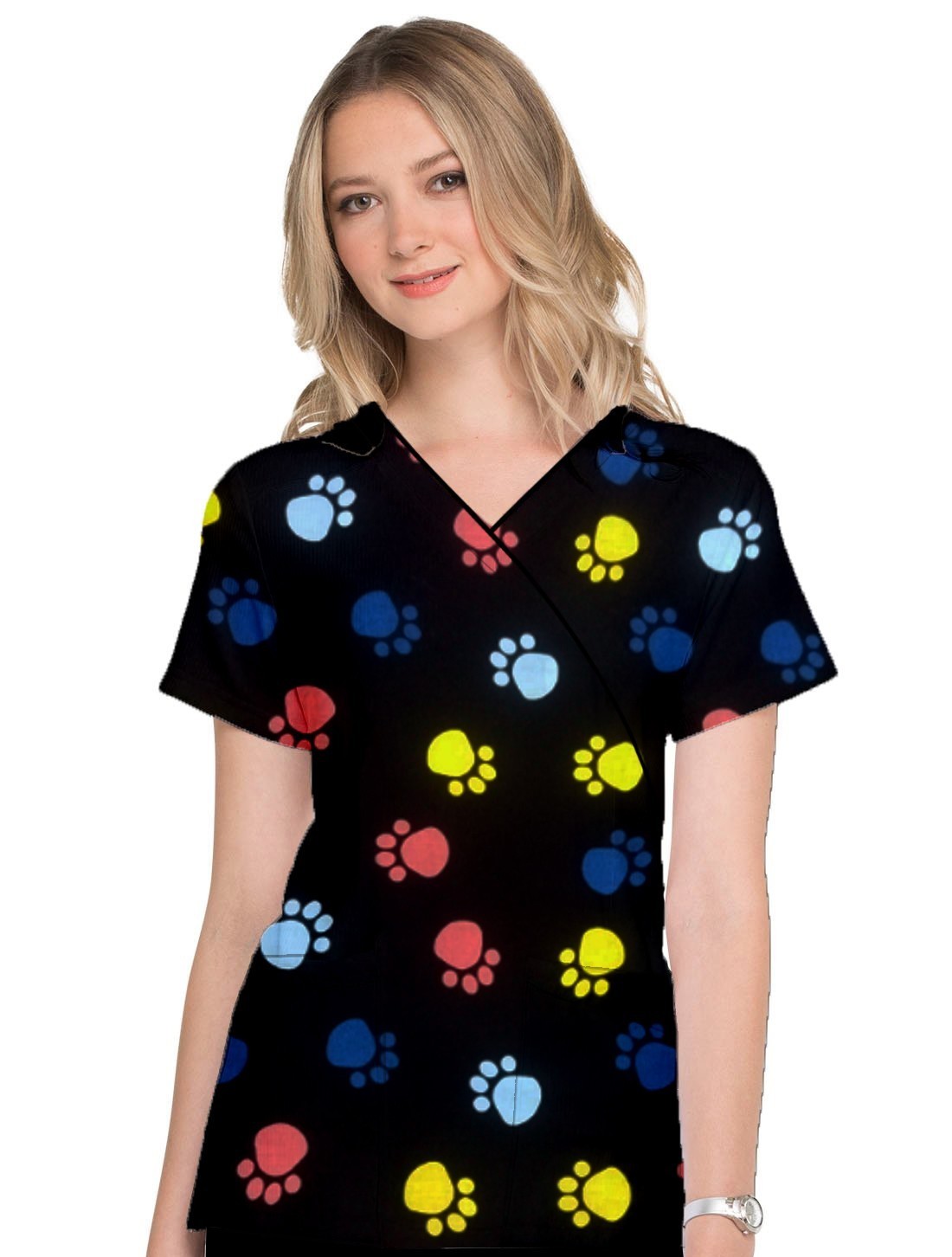 Paw Printed Top Mock Wrap With Black Piping 3 Pocket Half Selves