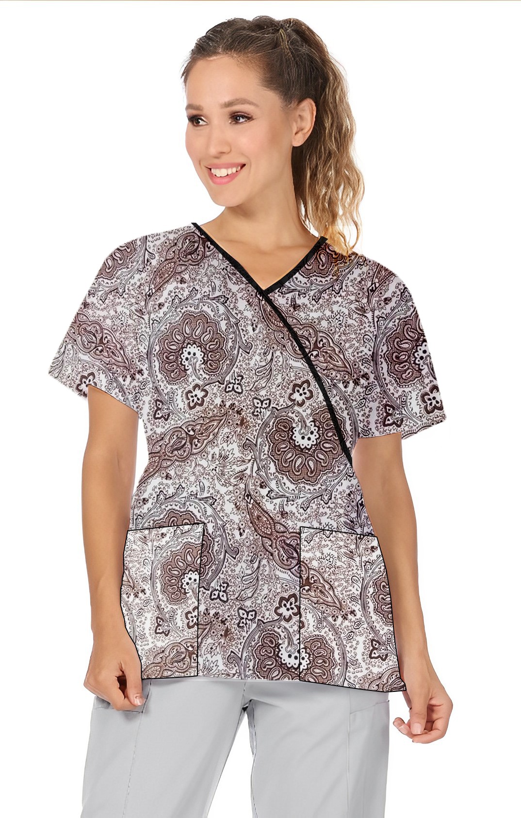 Top mock wrap 3 pocket half sleeve in Brown Paisley Print with Black Piping