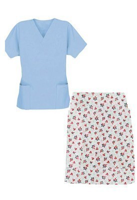 Printed Scrub skirt set 4 pocket ladies half sleeves (2 pocket top 2 pocket skirt in Red and Black flower Print)