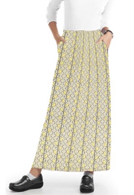 Cargo pockets ladies skirt A  Line Full Elastic waistband ladies skirt in Yellow petal and Grey print