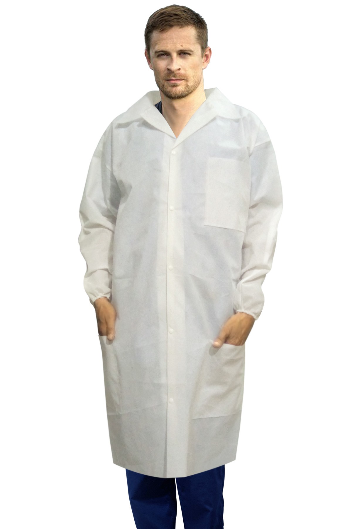 Disposable lab coat unisex 3 pocket full sleeve with elastic closer and front plastic snap buttons