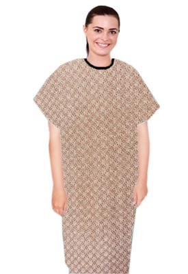 Patient gown half sleeve  printed back open, Small Brown Flower Print with Black Piping, Sizes XS-9X (100% Polyester Fabric)