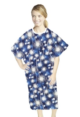 Patient gown half sleeve printed  back open, Blue Fire Work Print, Sizes XS-9X