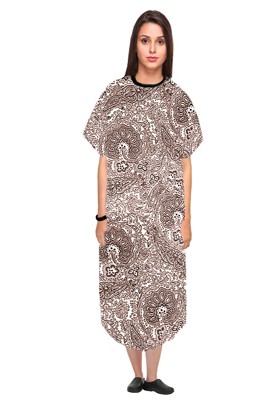 Patient gown 1 chest pocket half sleeve back open tie-able, Brown Paisley Print with Black Piping, Sizes XS-9X