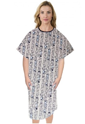 Patient gown half sleeve printed back open, Geometric Print with Black Piping, Sizes XS-9X