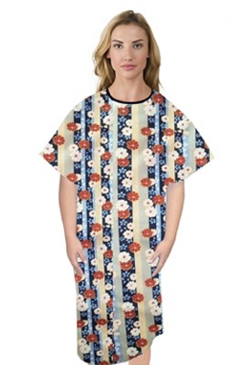 Patient gown 1 chest pocket half sleeve back open tie-able, Red and Beige flowers with blue background with Black Piping, Sizes XS-9X