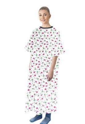 Patient gown 1 chest pocket half sleeve back open tie-able, Cherry Blossom Print, Sizes XS-9X