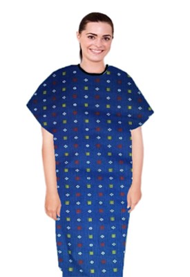 Patient gown half sleeve printed back open, Shapes Print with Black Piping, Sizes XS-9X