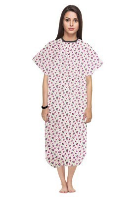 Patient gown half sleeve printed back open, Pink and black flower, Sizes XS-9X
