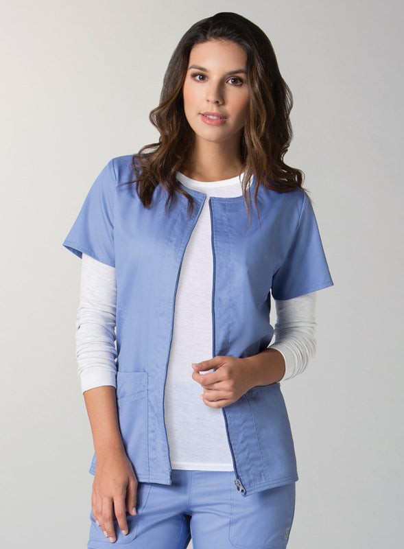 Stretchable Scrub Jacket 2 Pockets Solid Ladies Half Sleeves with Zip in 35% Cotton 63% Polyester 2% Spandex 