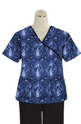 Printed scrub set mock wrap 5 pocket half sleeve in Blue with Blue Classical Print With Black Piping (top 3 pocket with black bottom 2 pocket boot cut)