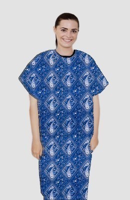 Patient gown half sleeve  printed back open, Blue with Blue Classical Print with Black Piping, Sizes XS-9X 