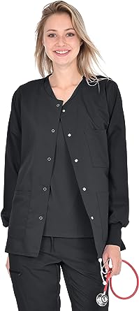 Scrub jacket 3 pocket solid ladies full sleeve with rib snap button