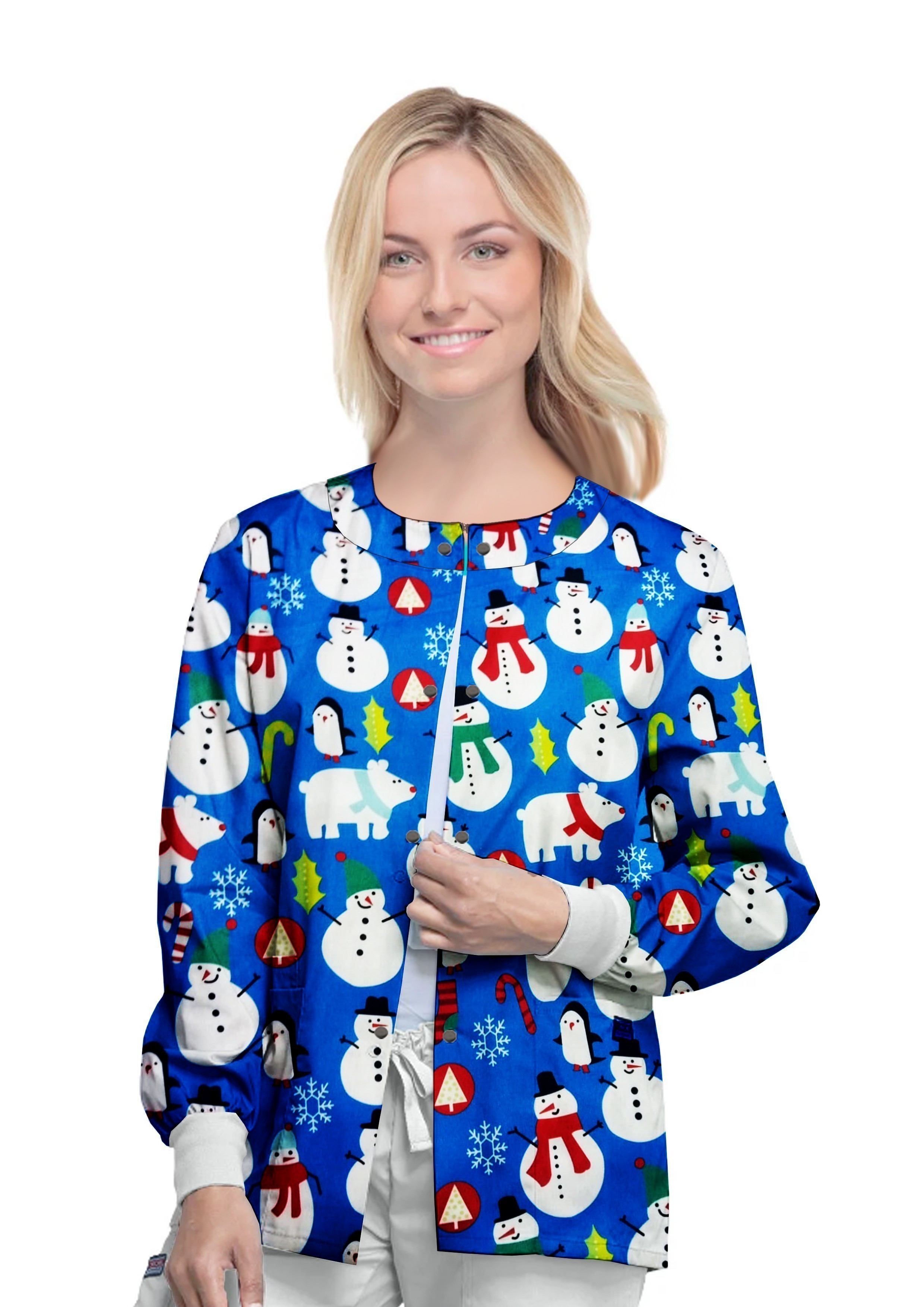 Stretch Snowman Printed Scrub Jacket