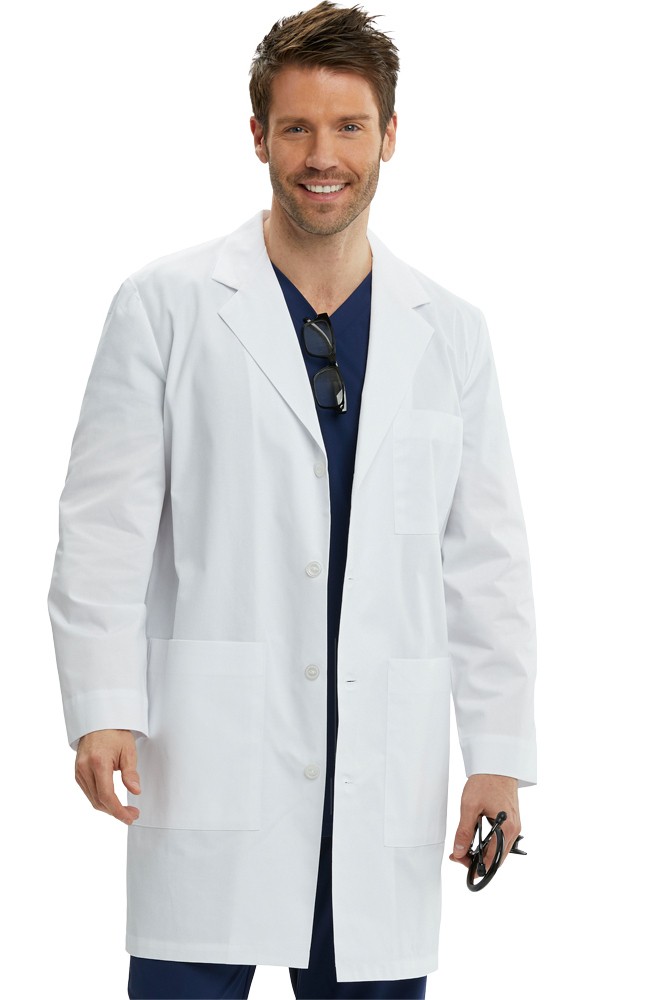 Poplin labcoat unisex full sleeve with plastic buttons 3 pocket solid (48 cotton 52 polyester) fabric weight 4.7 oz in 36 38 40  42 inch lengths 37 colors sizes xxs-12x