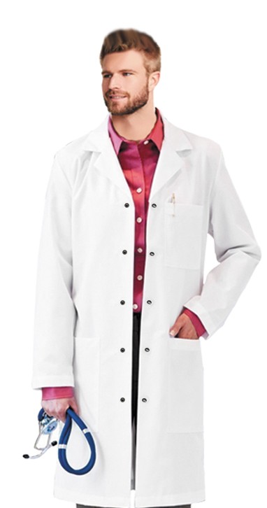 Poplin labcoat unisex full sleeve with snap buttons 3 pockets solid pleated (35 perc cotton 65 perc polyester)  available in 36 38 40 42  inch lengths