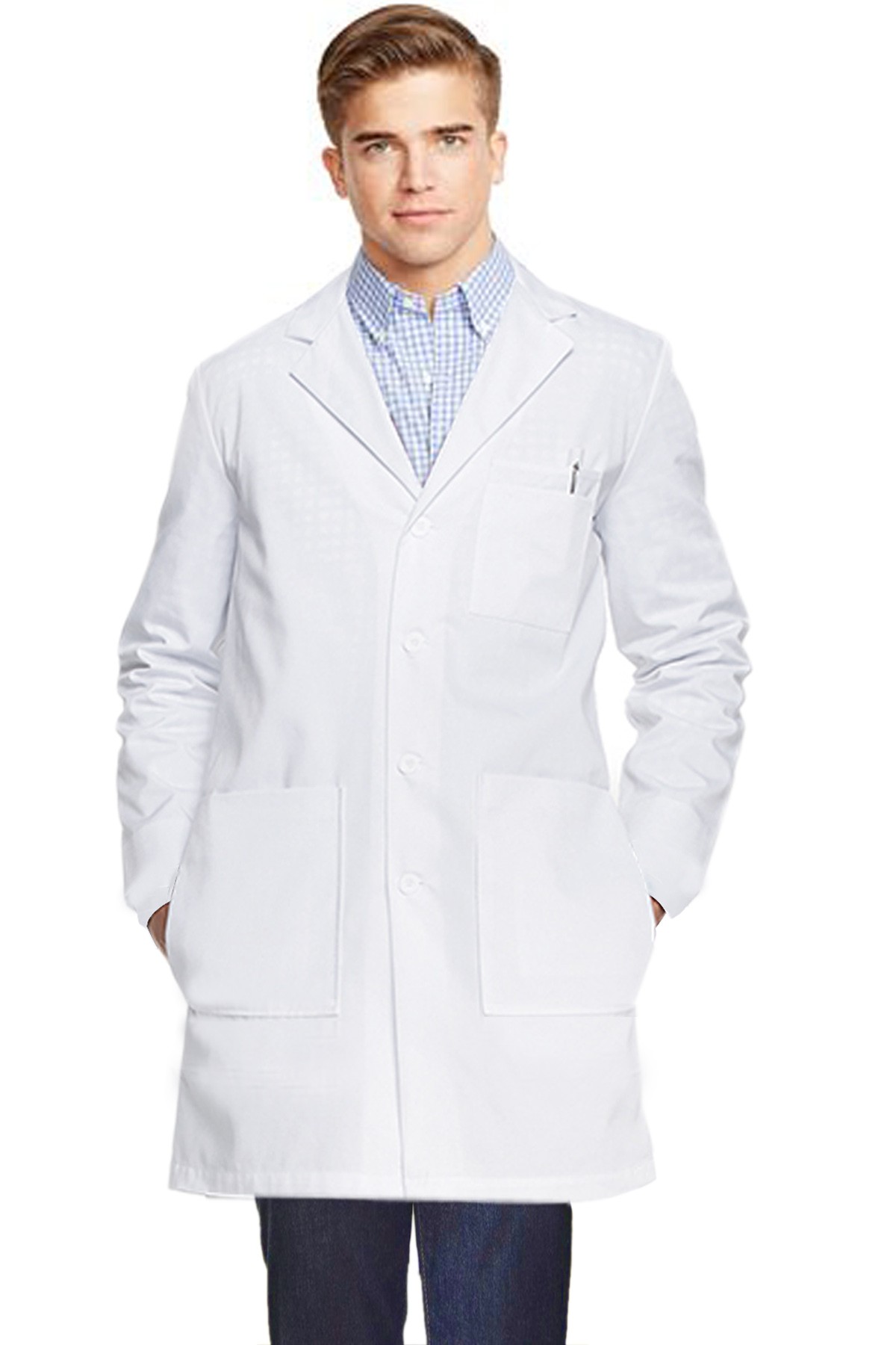 Poplin labcoat unisex full sleeve with plastic buttons 3 front pockets with side inside pockets(access to pockets from side)  (35 perc cotton 65 perc polyester)  in 36 38 40 42 lengths