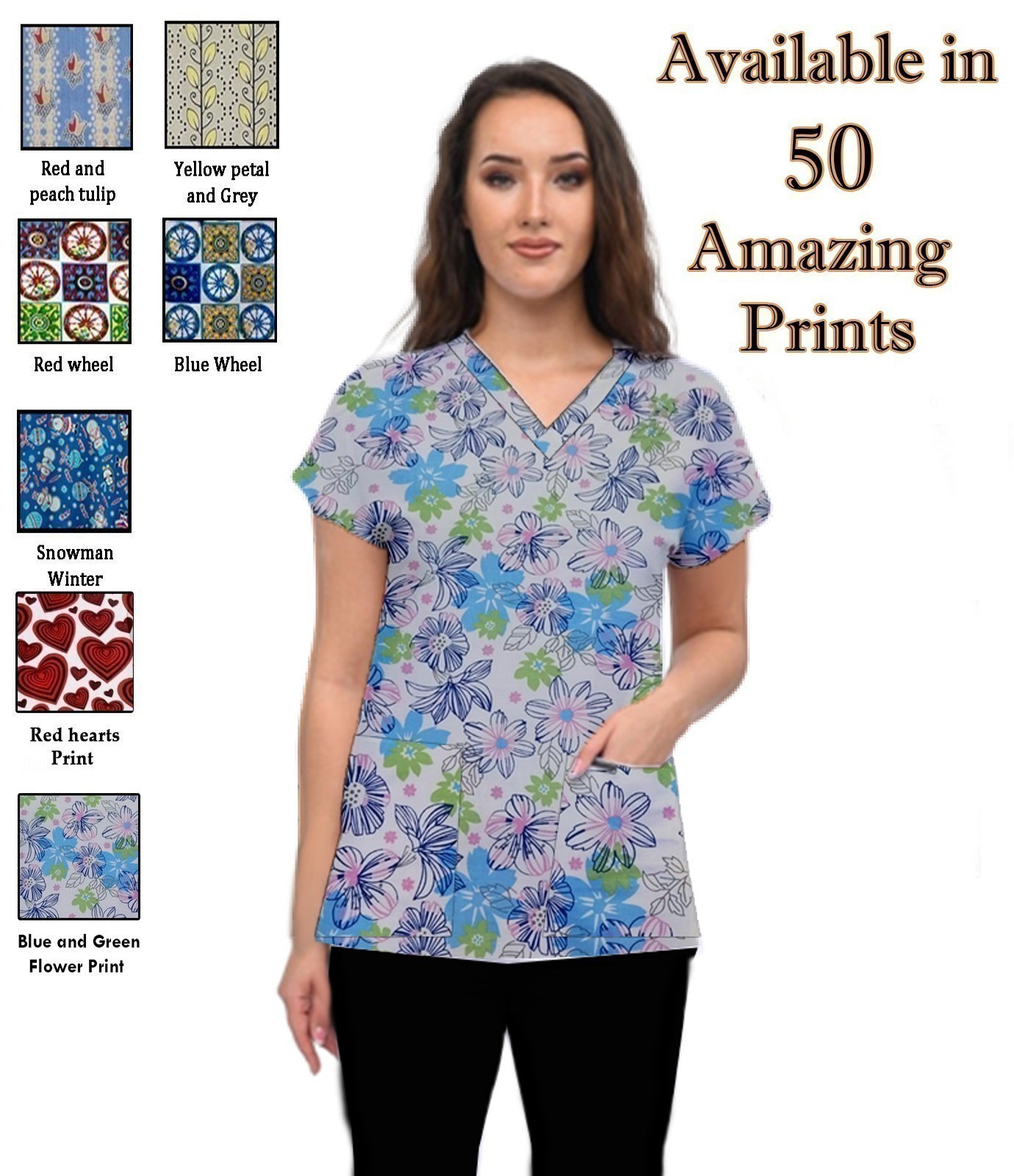 Printed Scrub Set Ladies 4 Pockets Half Sleeves (2 Pockets Top and 2 Pockets Pant)  