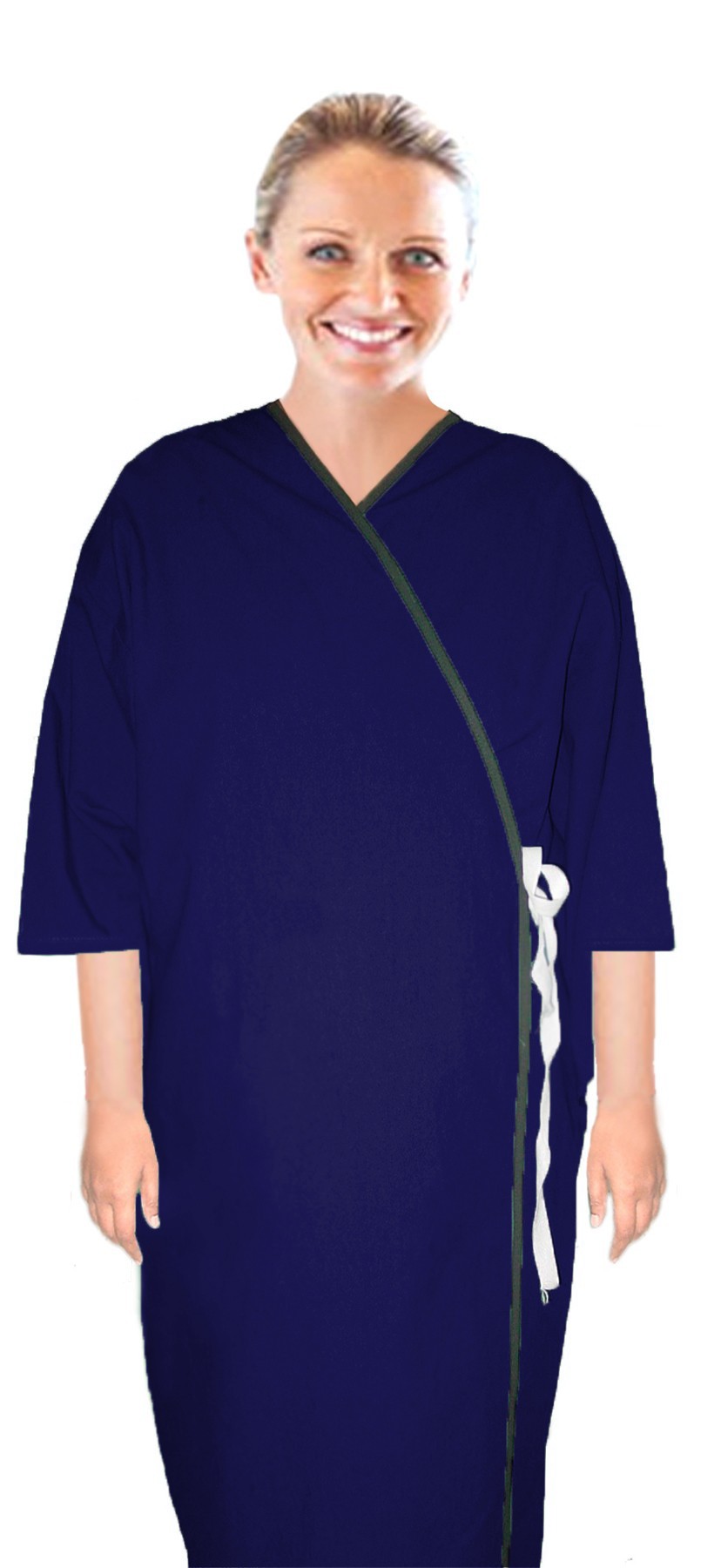 Microfiber patient gown front open 3/4 sleeve with matching piping  tie able, Sizes XS-9X