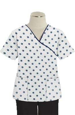 Printed scrub set mock wrap 5 pocket half sleeve in Green Square print with black piping  (top 3 pocket with bottom 2 pocket boot cut)