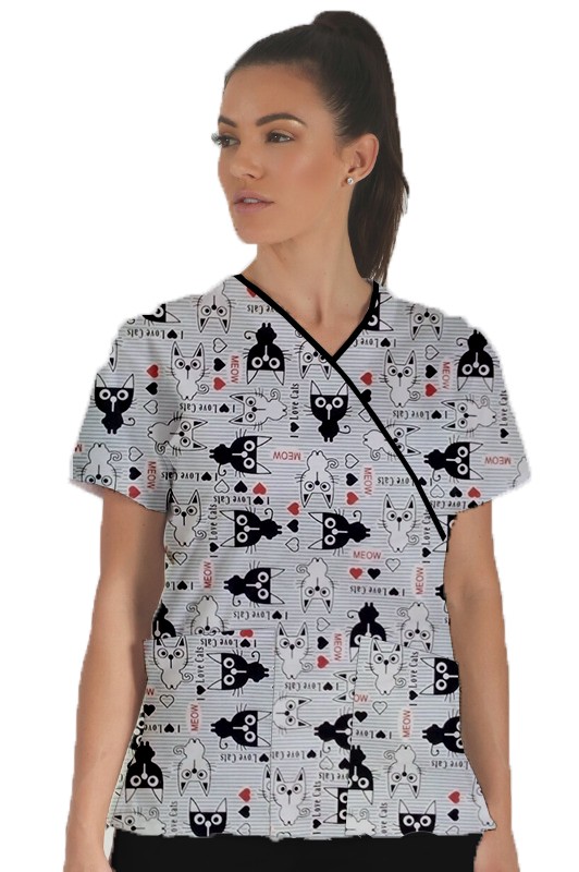 Cat Print Top Mock Wrap With Black Piping 3 Pocket Half Sleeve