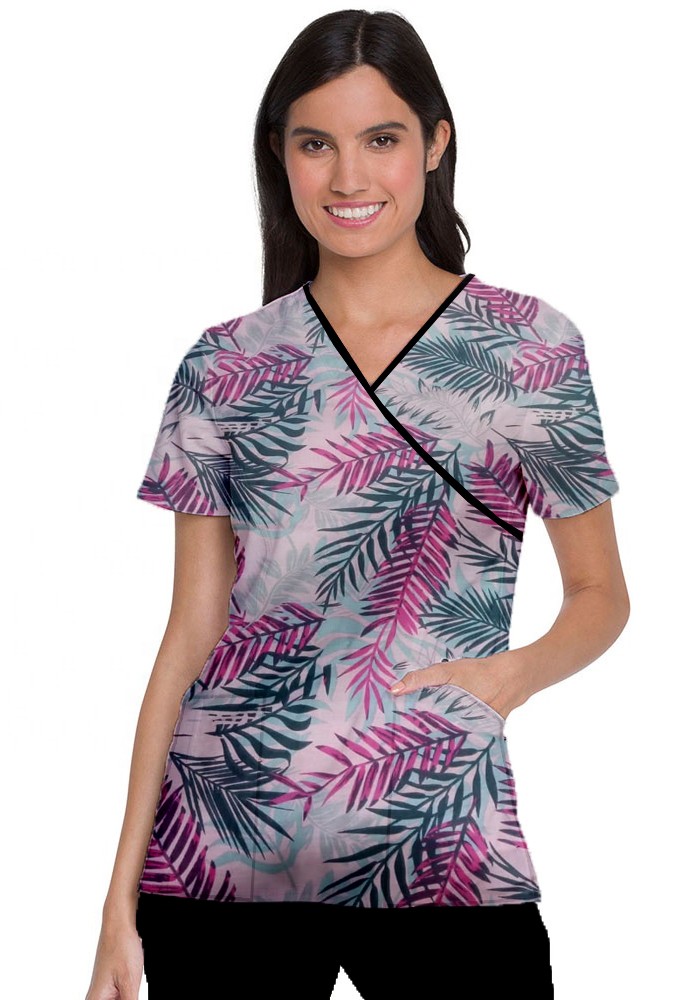 Pink leaves print Scrub Set Mock Wrap With Black Piping 5 Pocket Half Sleeves (Top 3 Pockets With Black Bottom 2 Pockets Boot cut)