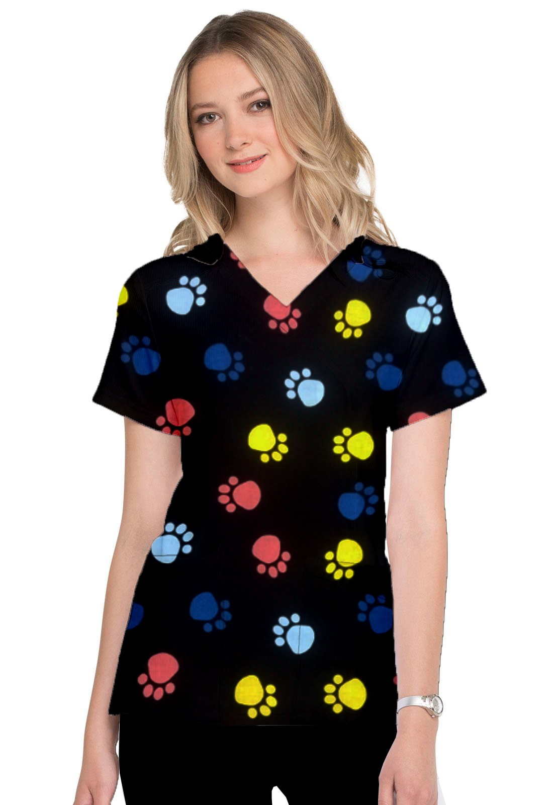 Paw Print Scrub Set 4 Pockets Ladies Half Sleeves (2 Pockets Top and 2 Pockets Black Pant)