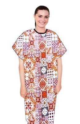 Patient gown half sleeve printed back open, Orange And Maroon Traditional Print with black piping, Sizes XS-9X 