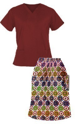 Printed Scrub skirt set 4 pocket ladies half sleeves (2 pocket top 2 pocket skirt in Red Wheel Print)