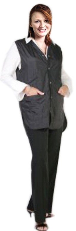 Barber jacket sleeve less without collar ladies 2 front pocket with front snap button style poplin fabric