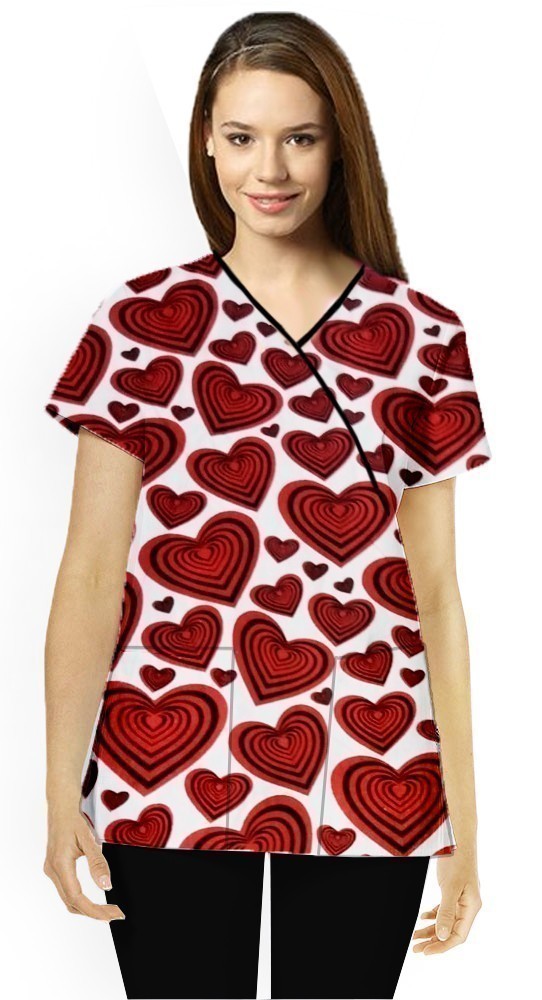 Red hearts Print Scrub Set Mock Wrap With Black Piping 5 Pocket Half Sleeves (Top 3 Pockets With Bottom 2 Pockets Boot cut)
