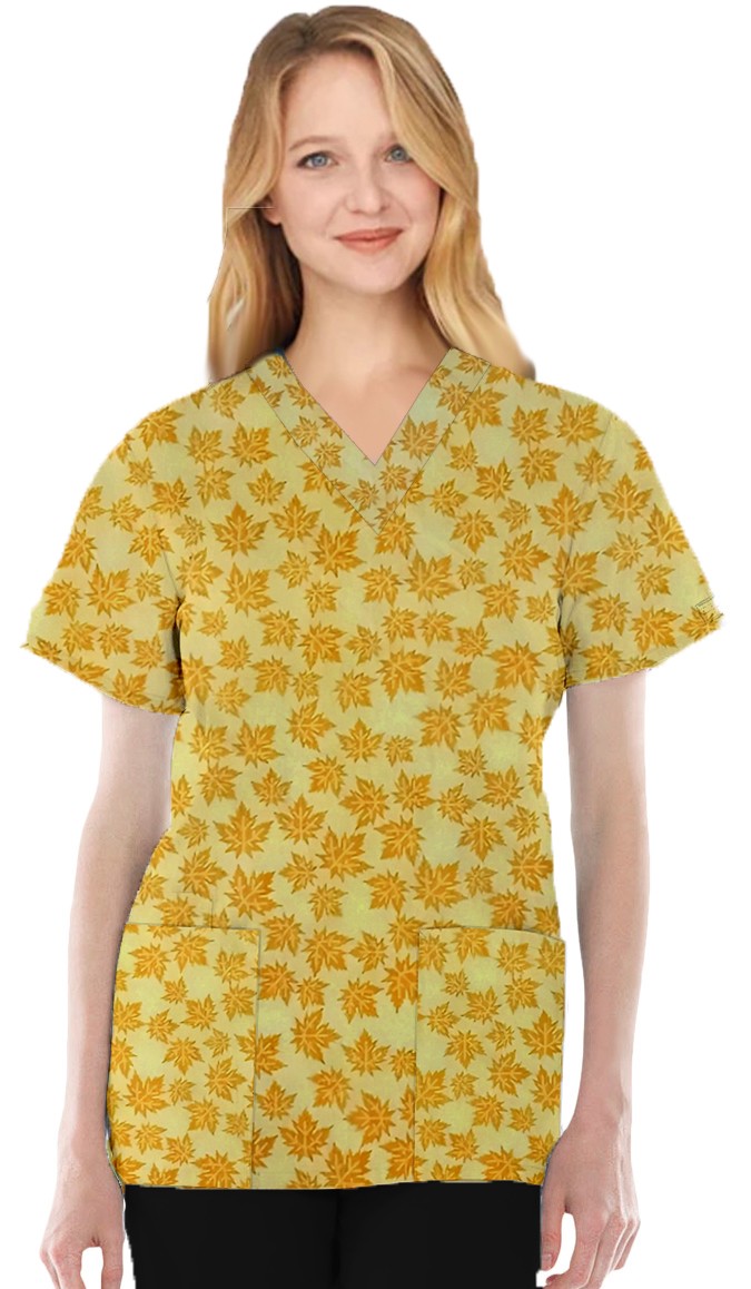 Yellow Petal Print Scrub Set 4 Pockets Ladies Half Sleeves (2 Pockets Top and 2 Pockets Pant)