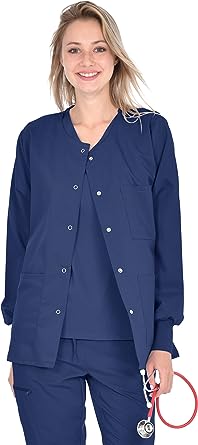Stretchable Scrub jacket 3 pockets solid ladies full sleeves with rib snap buttons in 35% Cotton 63% Polyester 2% Spandex