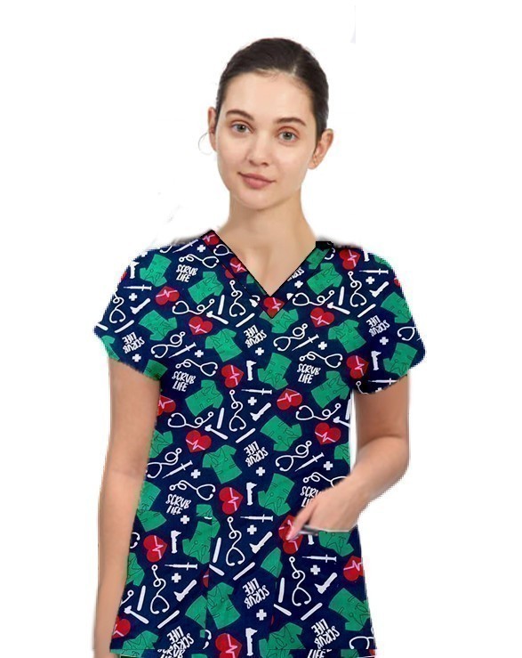 Scrub Life Printed Top V Neck 2 Pocket Half Sleeves in POPLIN FABRIC 35% COTTON & 65% POLYESTER