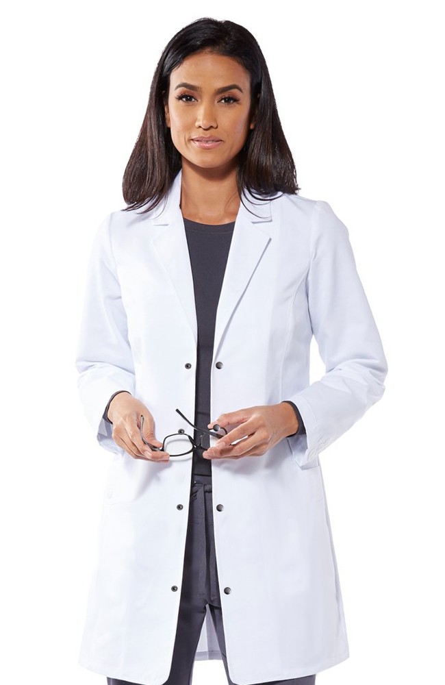 Microfiber labcoat ladies full sleeve with snap buttons without pockets solid pleated (100 % polyester) in 36  38 40  42 inch lengths