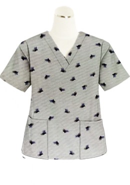 Top v neck 2 pocket half sleeve in Black Leaf Print ladies